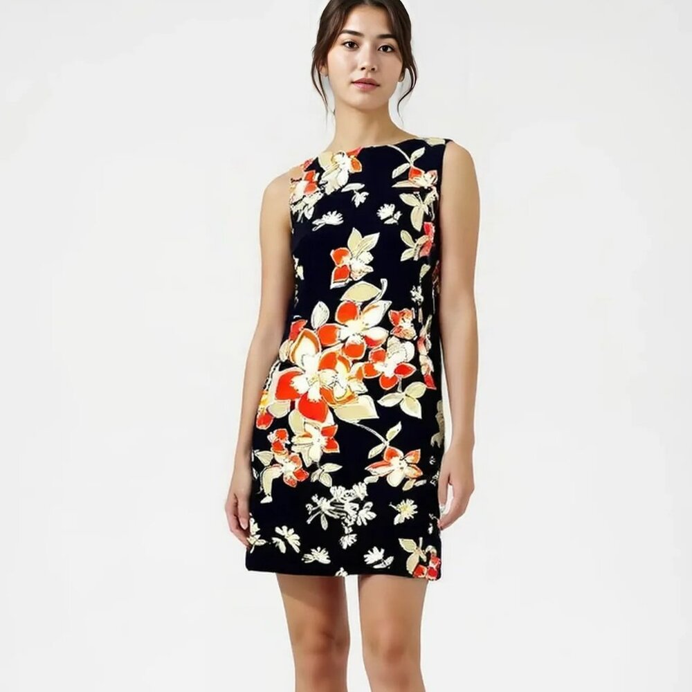 Ann Taylor Navy Blue Khaki Tan White Coral Orange Floral Sheath Midi Dress S 4